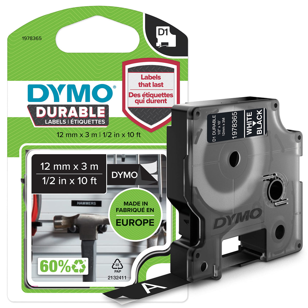 DYMO D1 Durable Labeling Tape for LabelManager Label Makers White Print on Black Tape 1/2" W x 10'