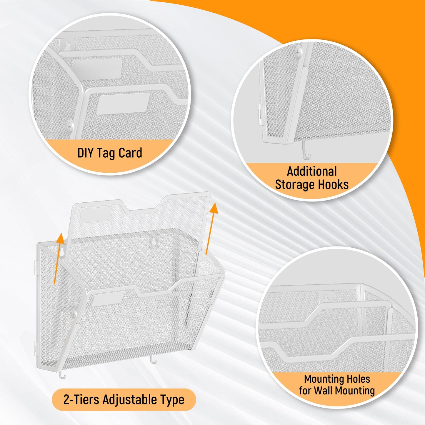Docnest 3 Pack 2 Tier Mesh Wall File Holders with Hooks for Mail, White