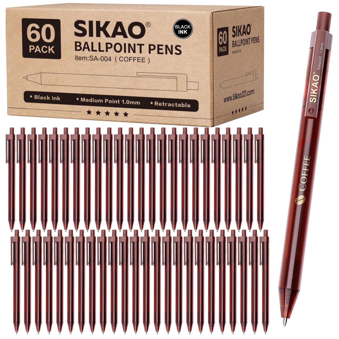 Sikao Black Pens Bulk, 60 Pack Retractable Ballpoint Pens “COFFEE”