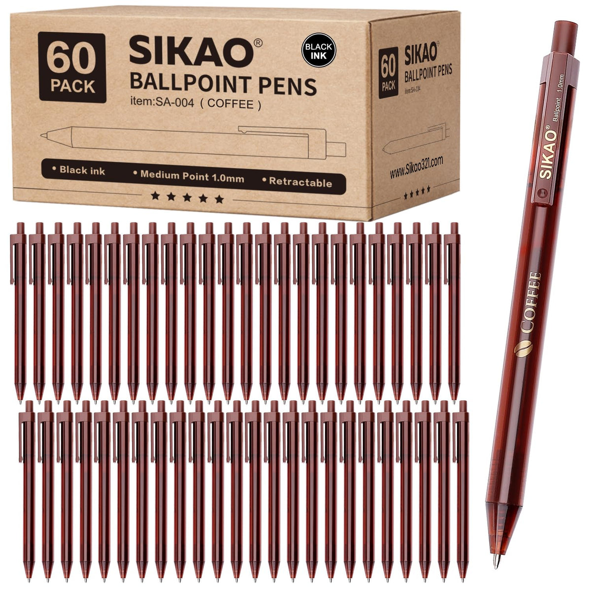 Sikao Black Pens Bulk, 60 Pack Retractable Ballpoint Pens “COFFEE”