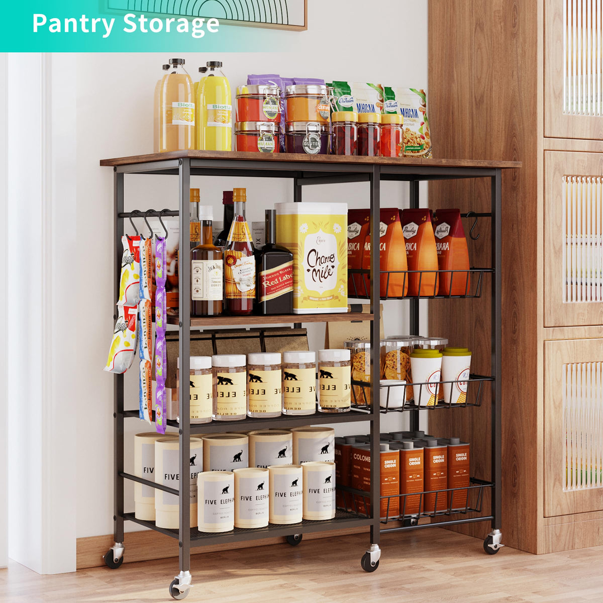 HapiRm Rolling Kitchen Microwave Cart - 4 Tier Microwave Table Stand with Pull-Out Baskets, Coffee