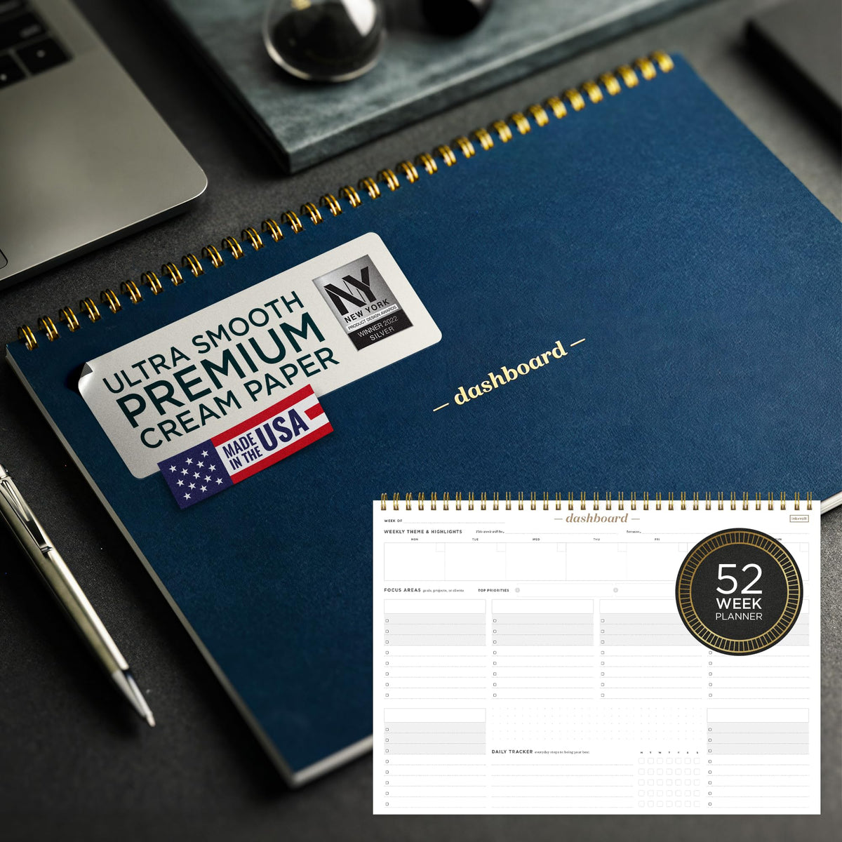 Ink+Volt Dashboard Spiral Deskpad | Undated Weekly Planner Notepad w/ 52 Undated Sheets, Premium