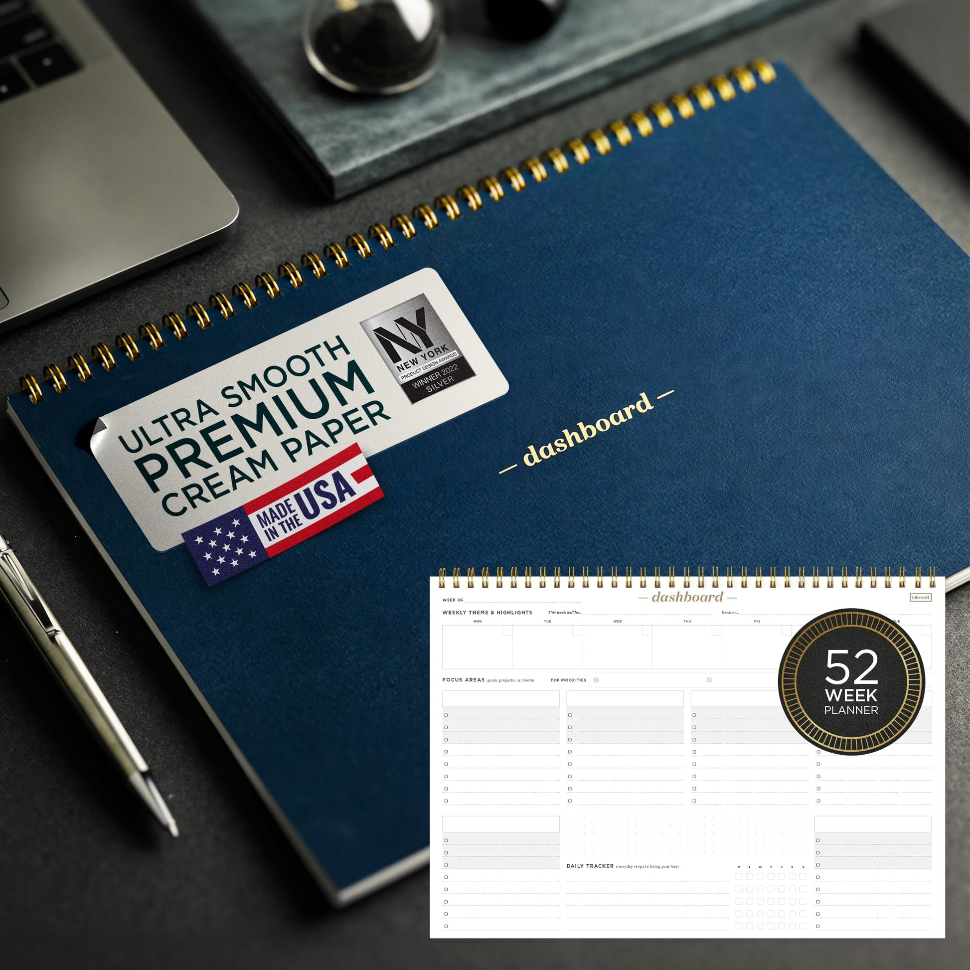 Ink+Volt Dashboard Spiral Deskpad | Undated Weekly Planner Notepad w/ 52 Undated Sheets, Premium