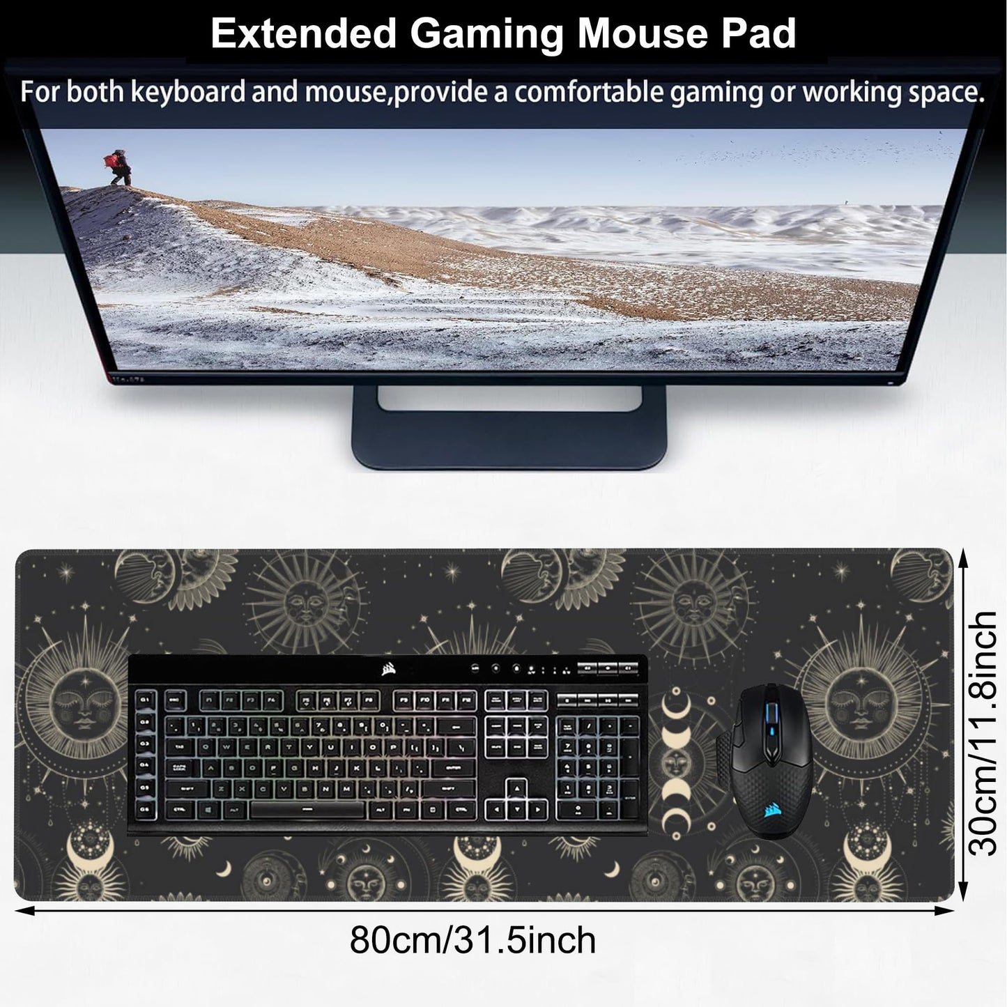 Phase of The Moon Desk Mat,Large Moon Phase Changes Gaming Keyboard Mouse Pad,Non-Slip Rubber Base