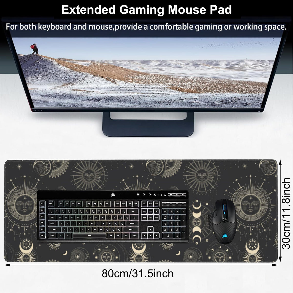 Phase of The Moon Desk Mat,Large Moon Phase Changes Gaming Keyboard Mouse Pad,Non-Slip Rubber Base