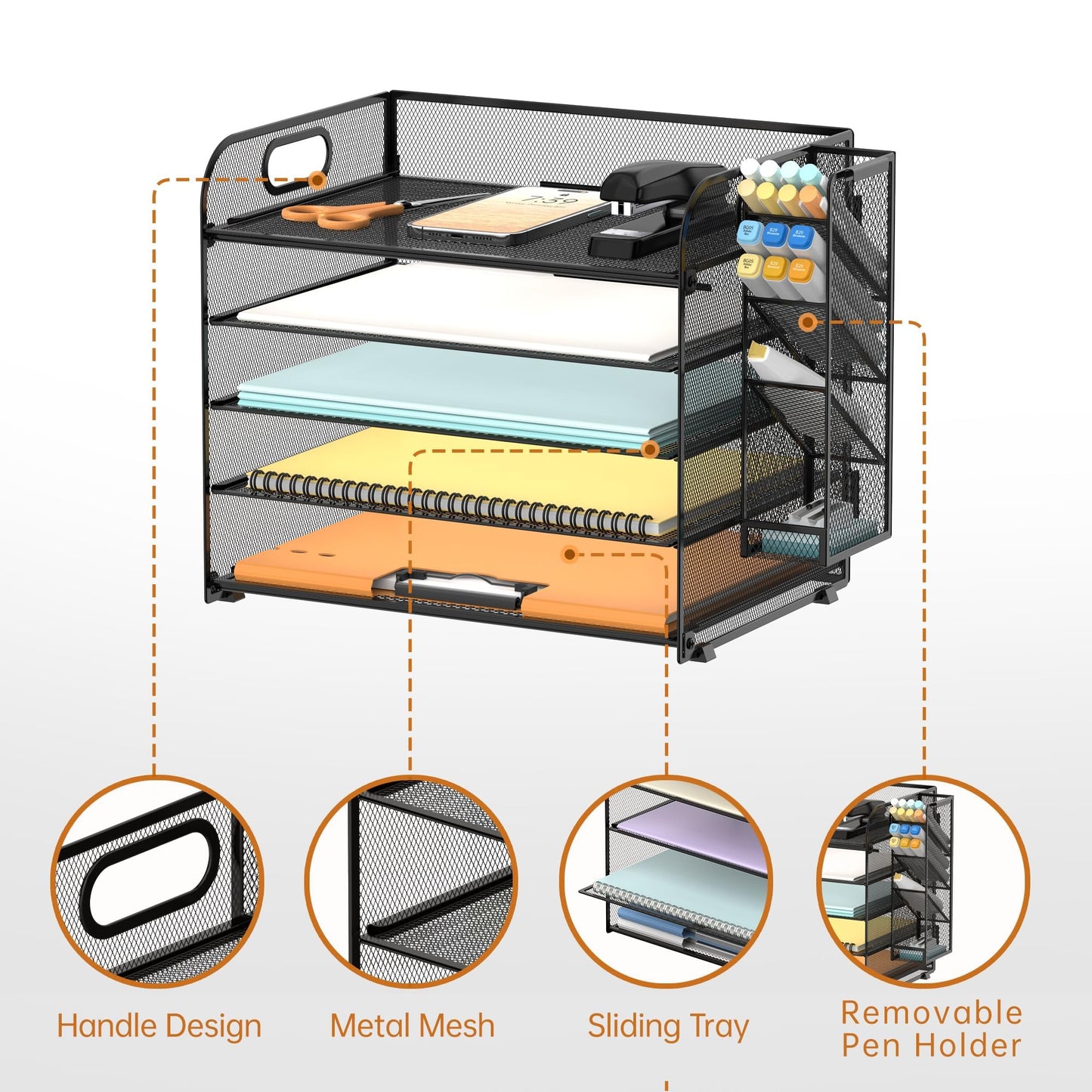 5-Tier Paper Organizer for Desk with Pen Holders, 2-Pack, Black