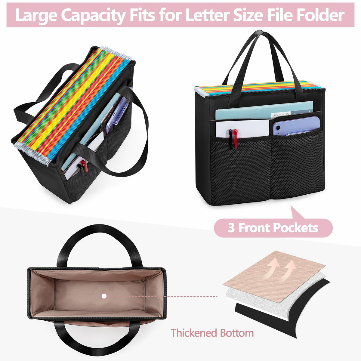 Prokva File Folder Tote Bag with Handle, Document Organizer Box, Black