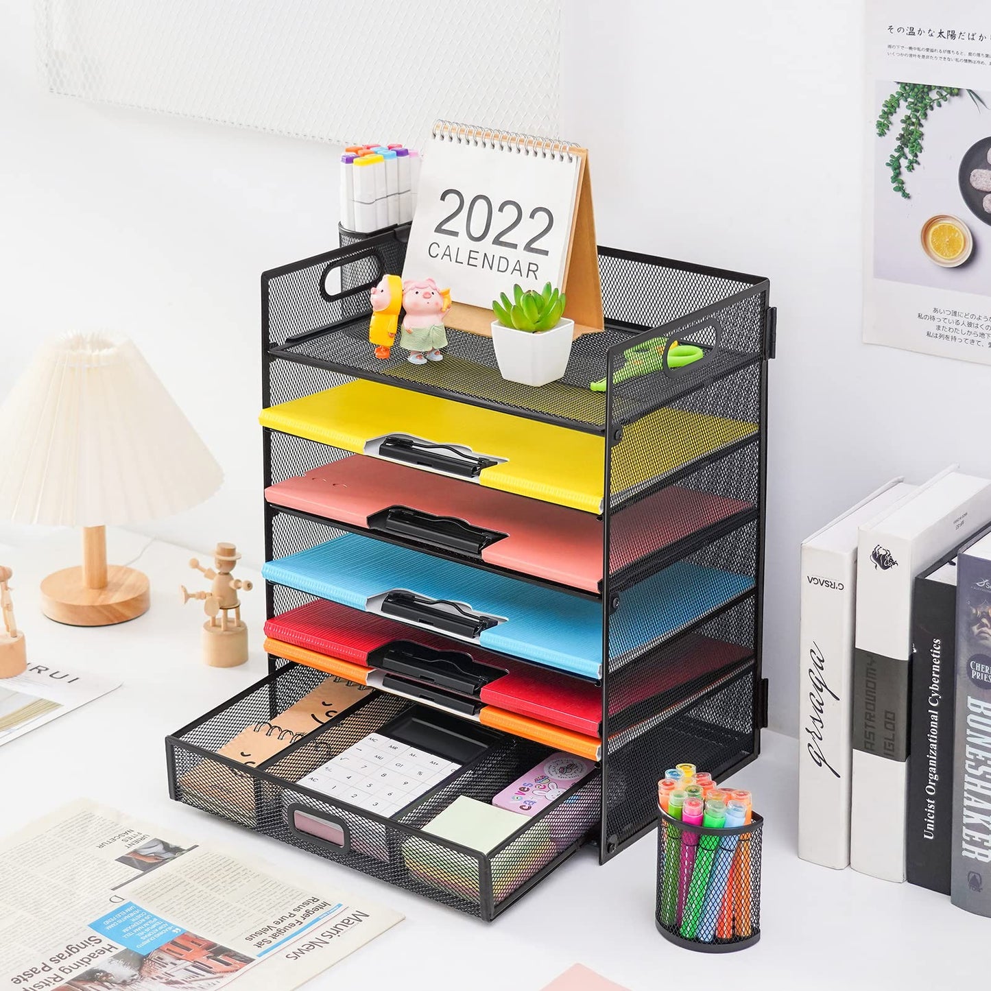 Lavatino 6-Tier Paper Organizer Letter Tray with Drawer - Mesh Desk File Paper Office Supplies