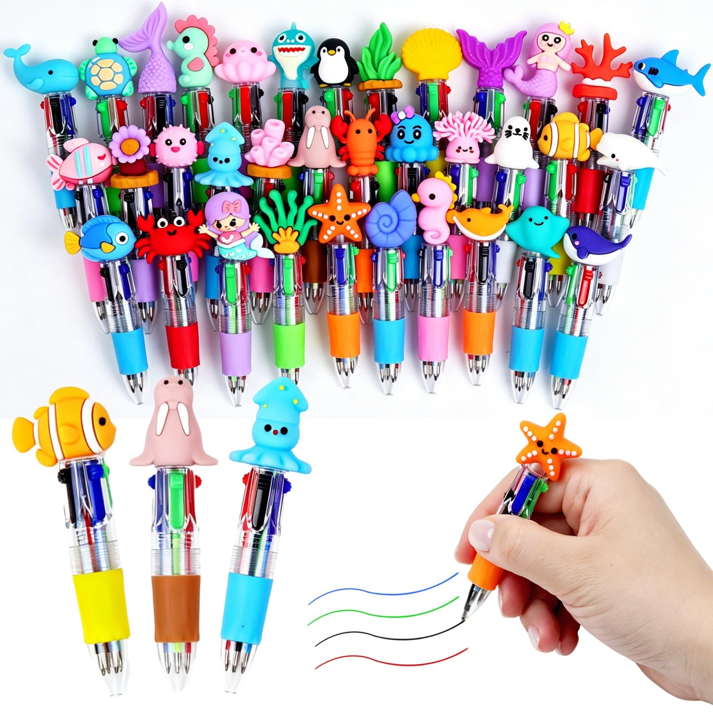 35 Pcs Mini Multicolor Pens in One 4-in-1 Fun Pens Bulk Gifts Ocean Animal