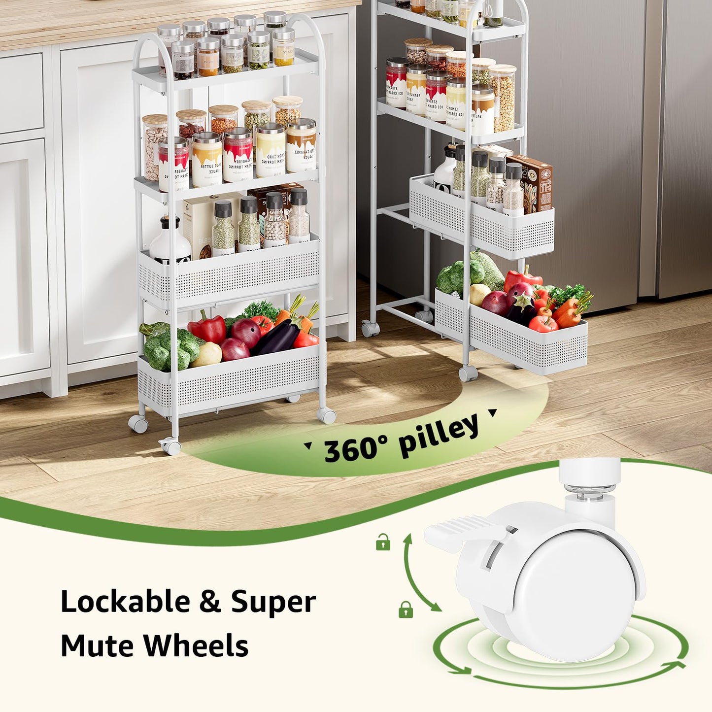 KINGRACK 4 Tier Slim Rolling Cart with Drawer, Metal Utility Storage Cart