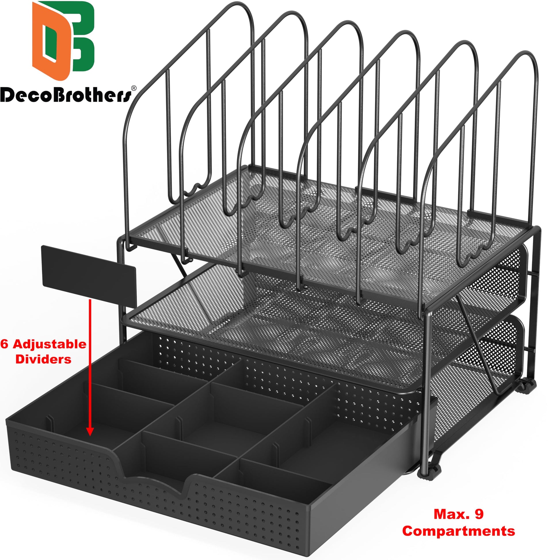 Deco Brothers Mesh Desk Organizer with Double Tray, 5 Upright Sections and Sliding Drawer, Black