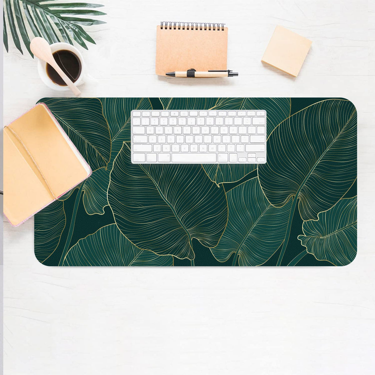 Green Desk Mat, Non-Slip PU Leather Desk Pad, Palm Leaves 27.5"x13.8"