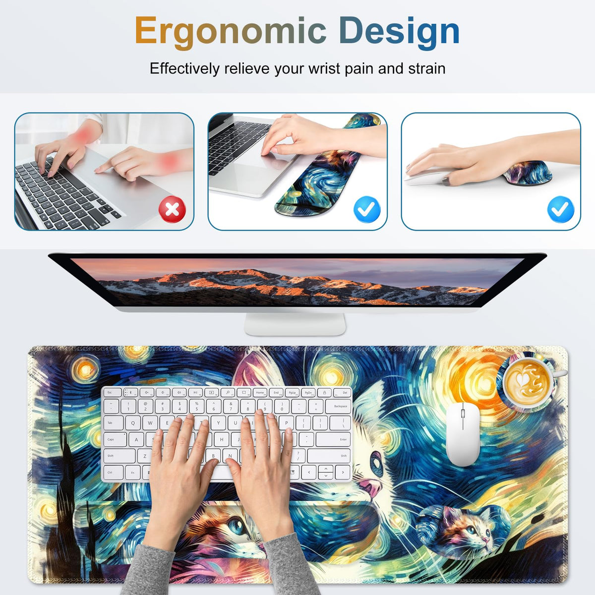 NXZGO Large Gaming Mouse Pad Set, 4 in 1 Ergonomics Keyboard Desk Mat Memory Foam Wrist Rest
