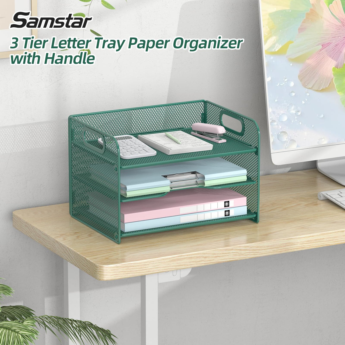 Samstar 3 Tier Green Letter Tray Paper Organizer with Handle, Mesh Desk Organizer Paper Sorter File