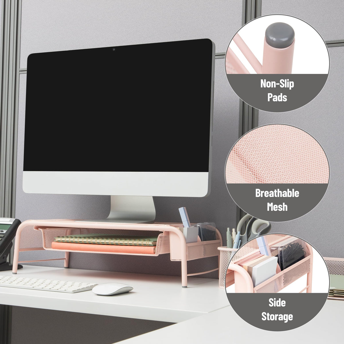 Mind Reader Monitor Stand, Ventilated Laptop Riser, Paper Tray, Storage, Office, Metal Mesh, 20"L x