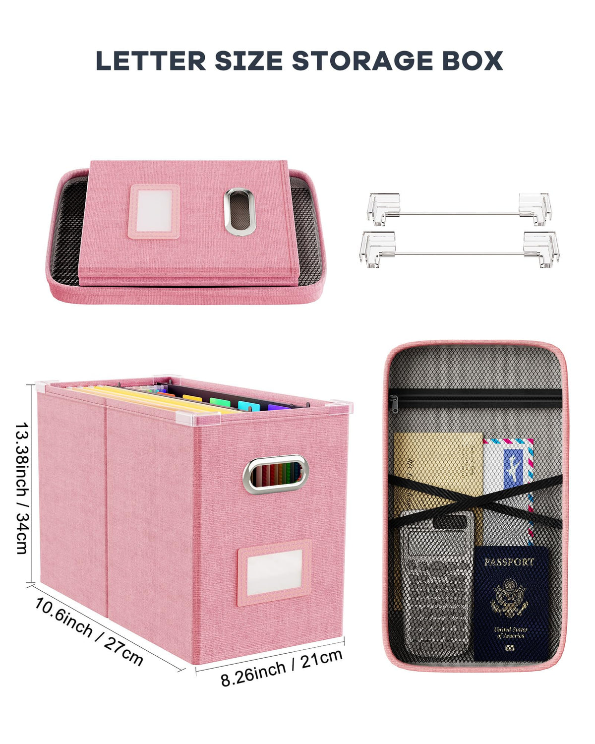 Oterri File Organizer Box with Lid, Hanging Filing File Box with Mesh Pocket, Document Organizer