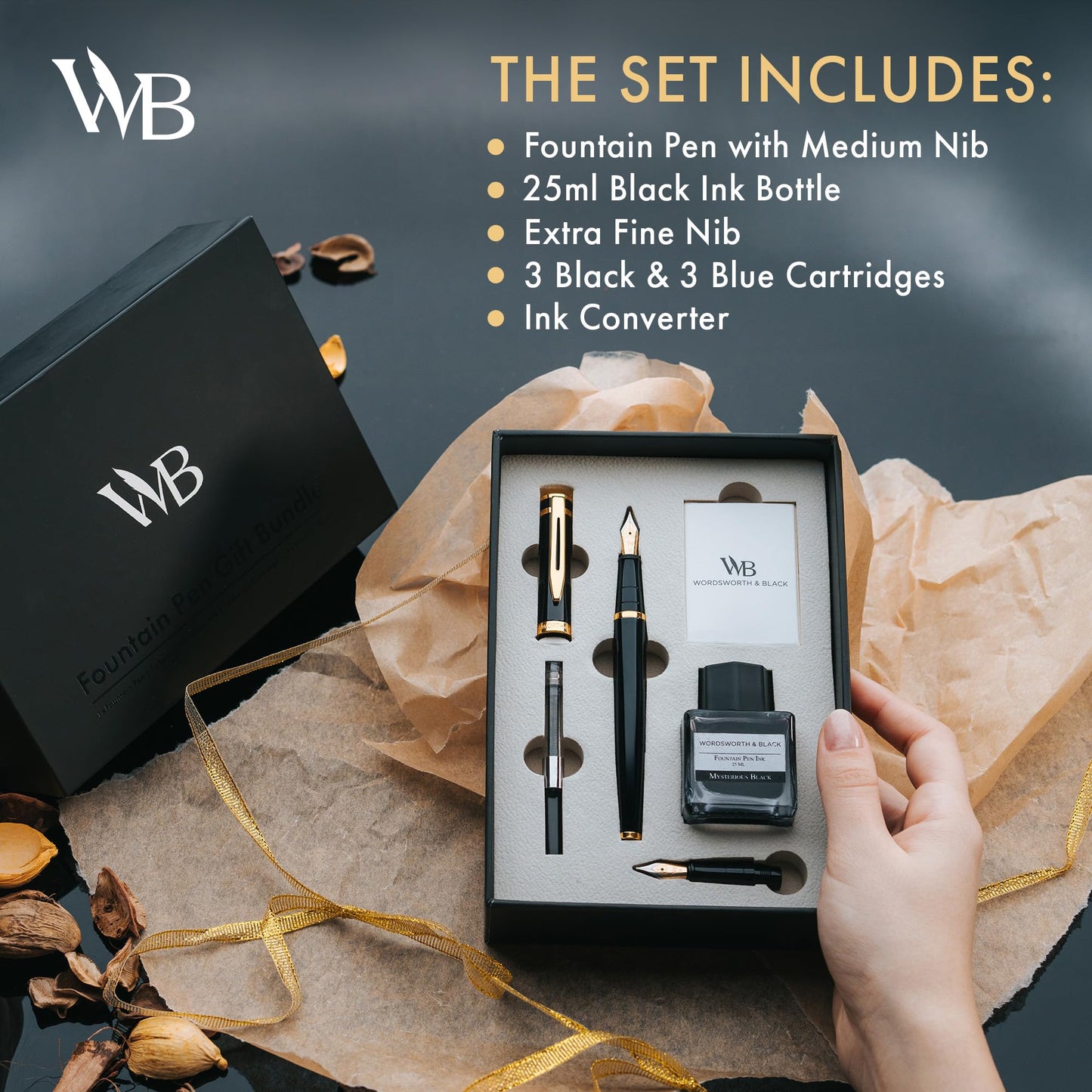 Wordsworth & Black Fountain Pen Gift Set, Medium & Extra Fine Nib, Black Gold
