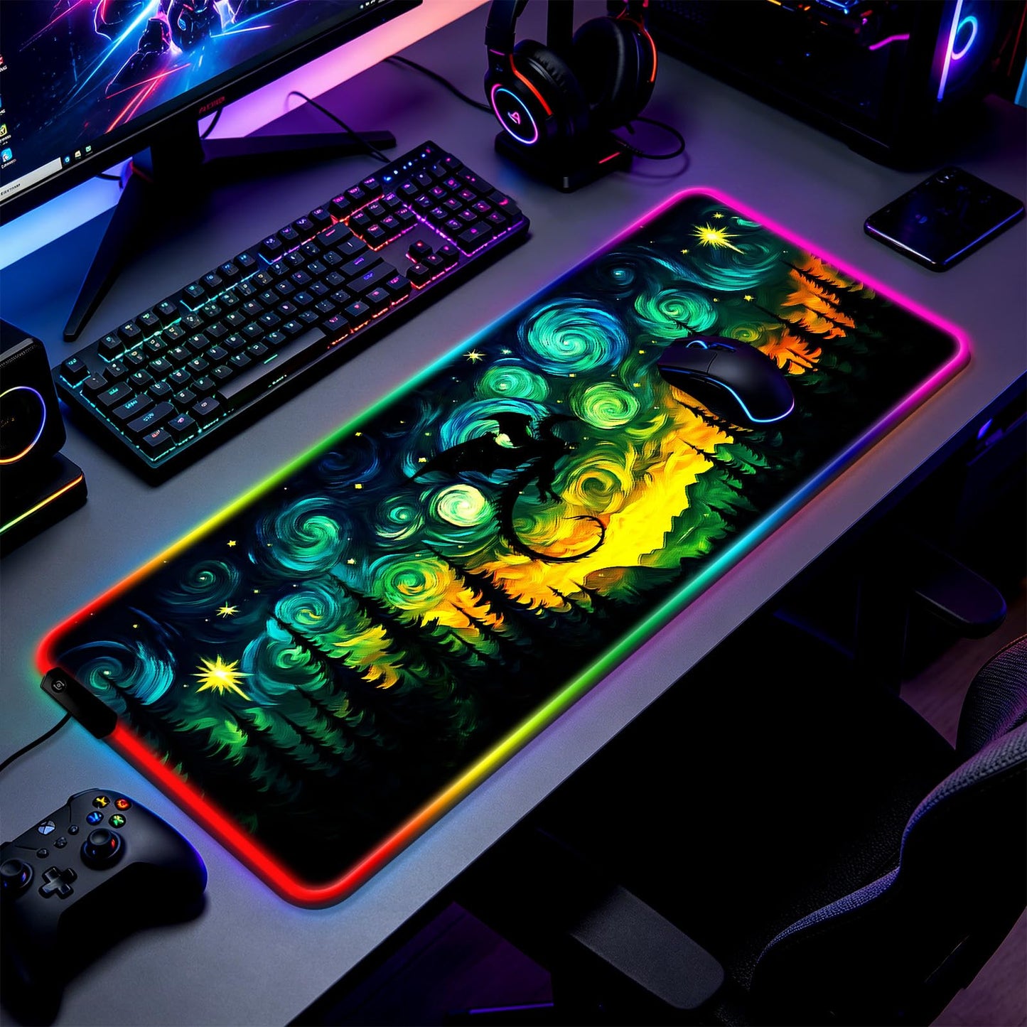 JIANG100 RGB Starry Night Forest Dragon Gaming Desk Mat & Mouse Pad, XL