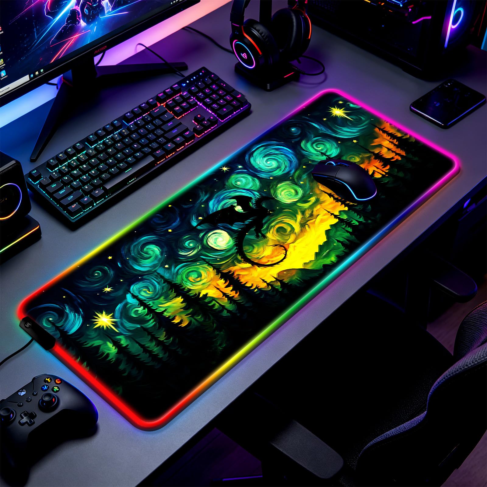 JIANG100 RGB Starry Night Forest Dragon Gaming Desk Mat & Mouse Pad, XL