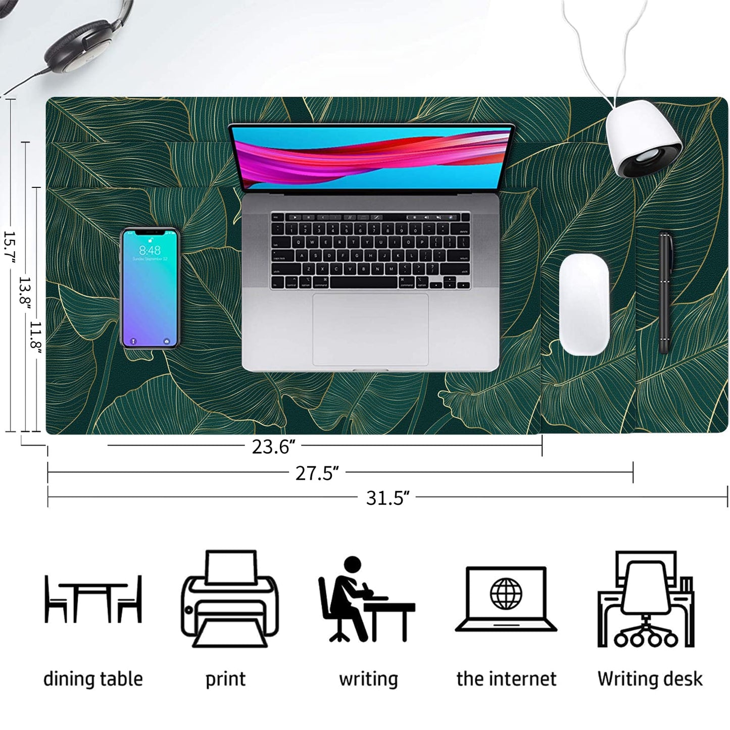 Green Desk Mat, Large PU Leather Desk Pad, Palm Leaves 31.5"x15.7"