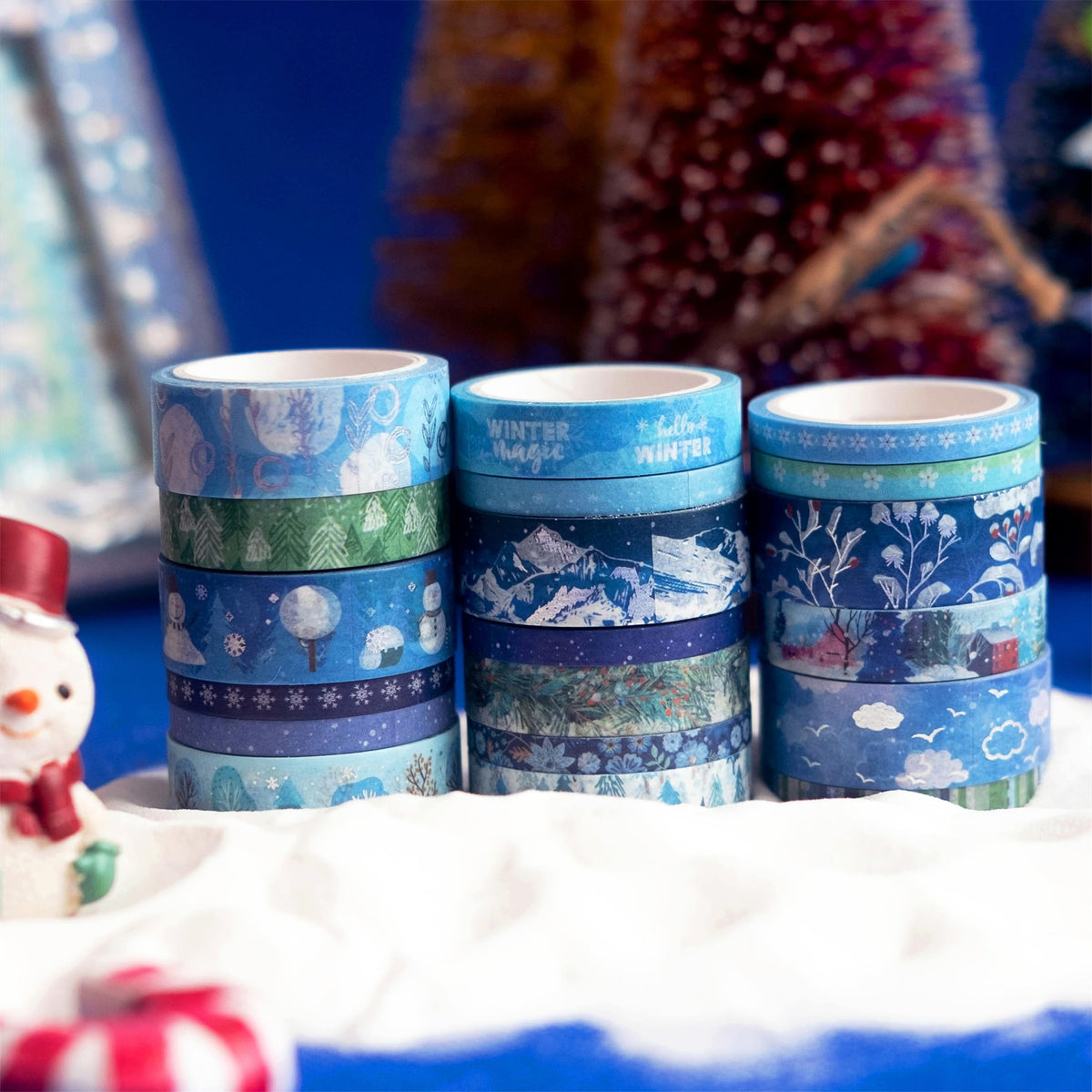 YUBX Winter Washi Tape Set 19 Rolls Skinny Snow Embellishment Blue Silver Foil Decorative Masking