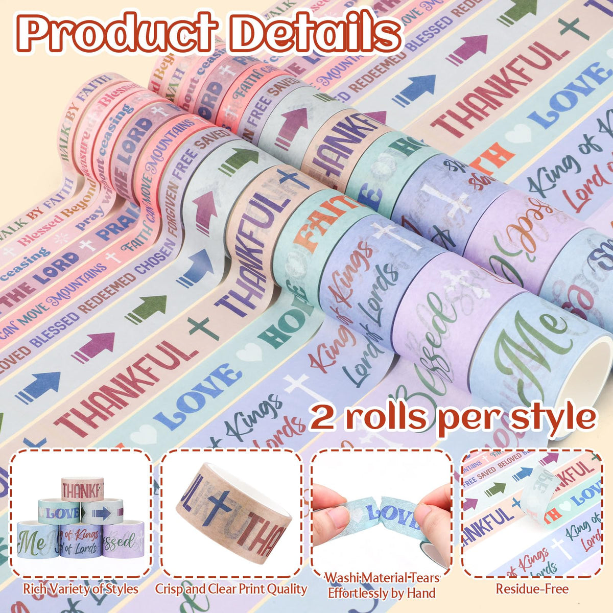 Janlaugh 24 Rolls Christian Washi Tape Gifts, Pastel Religious, Multi-Size