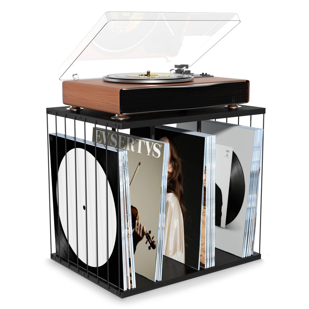 Emfogo Vinyl Record Storage, Metal & Wooden Vinyl Record Holder Up to 80 Album, 3-Compartment