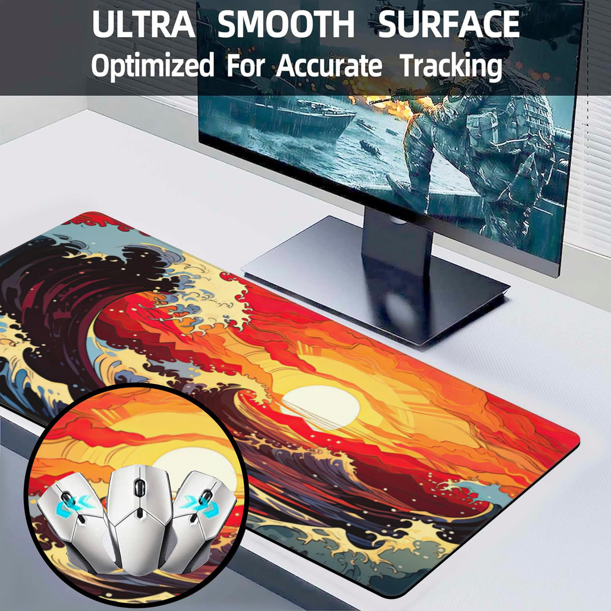 Large Gaming Mouse Pad for Desk,Ocean Waves at Sunset Desk Mat for Desktop,Rough Ocean Waves Desk