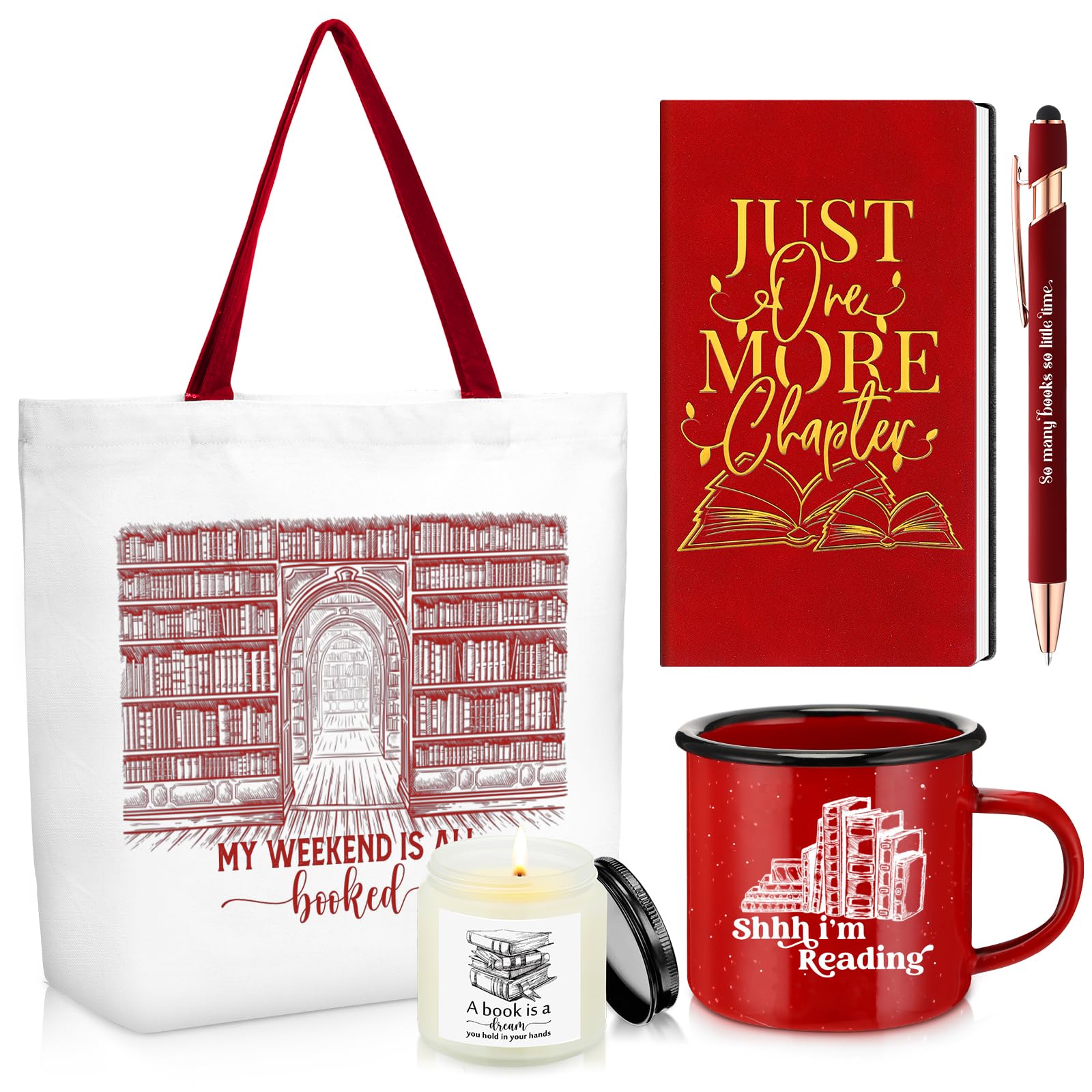 Jetec 5 Piece Book Lovers Set, Canvas Tote Bag Notebook, Candle, Red