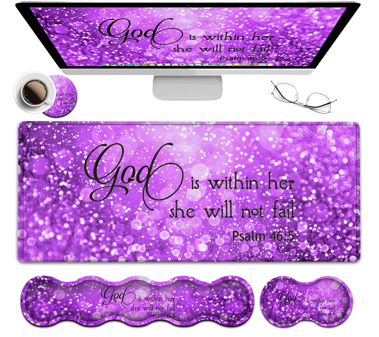 Gaming Mouse Pad XXL Large Desk Mat, Psalm 465 Bible Purple Extended Non-Slip Rubber Mice Pads