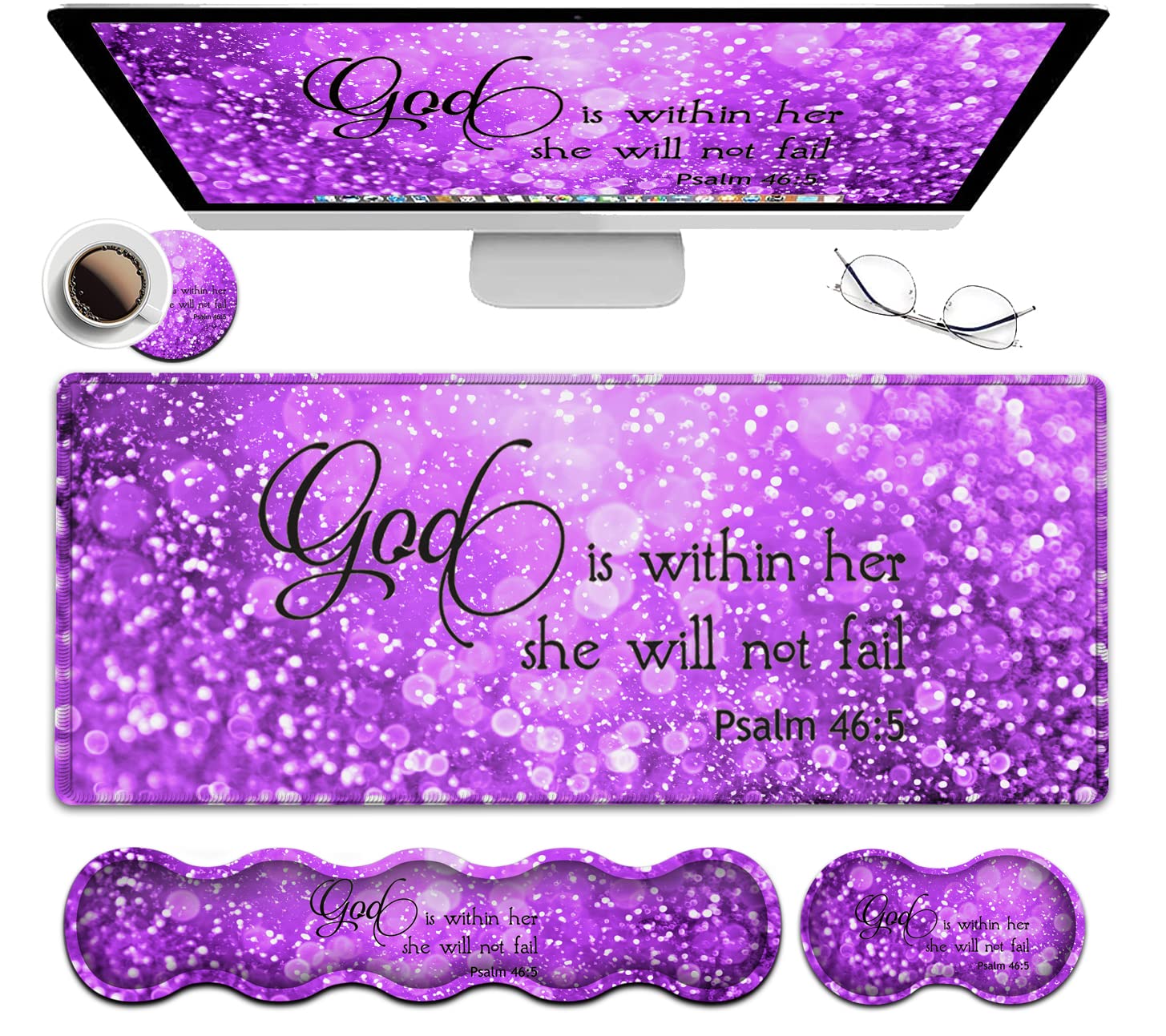Gaming Mouse Pad XXL Large Desk Mat, Psalm 465 Bible Purple Extended Non-Slip Rubber Mice Pads