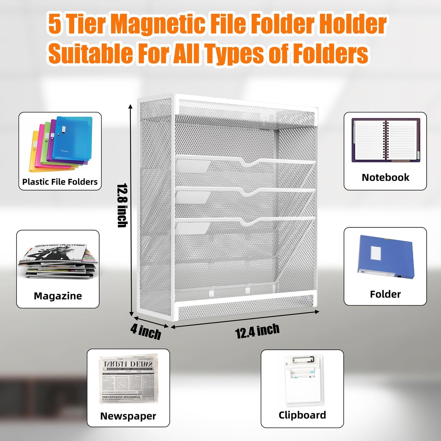 5 Tier Magnetic File Holder, No Drilling Wall File Organizer, Magazine Paper Mail Document