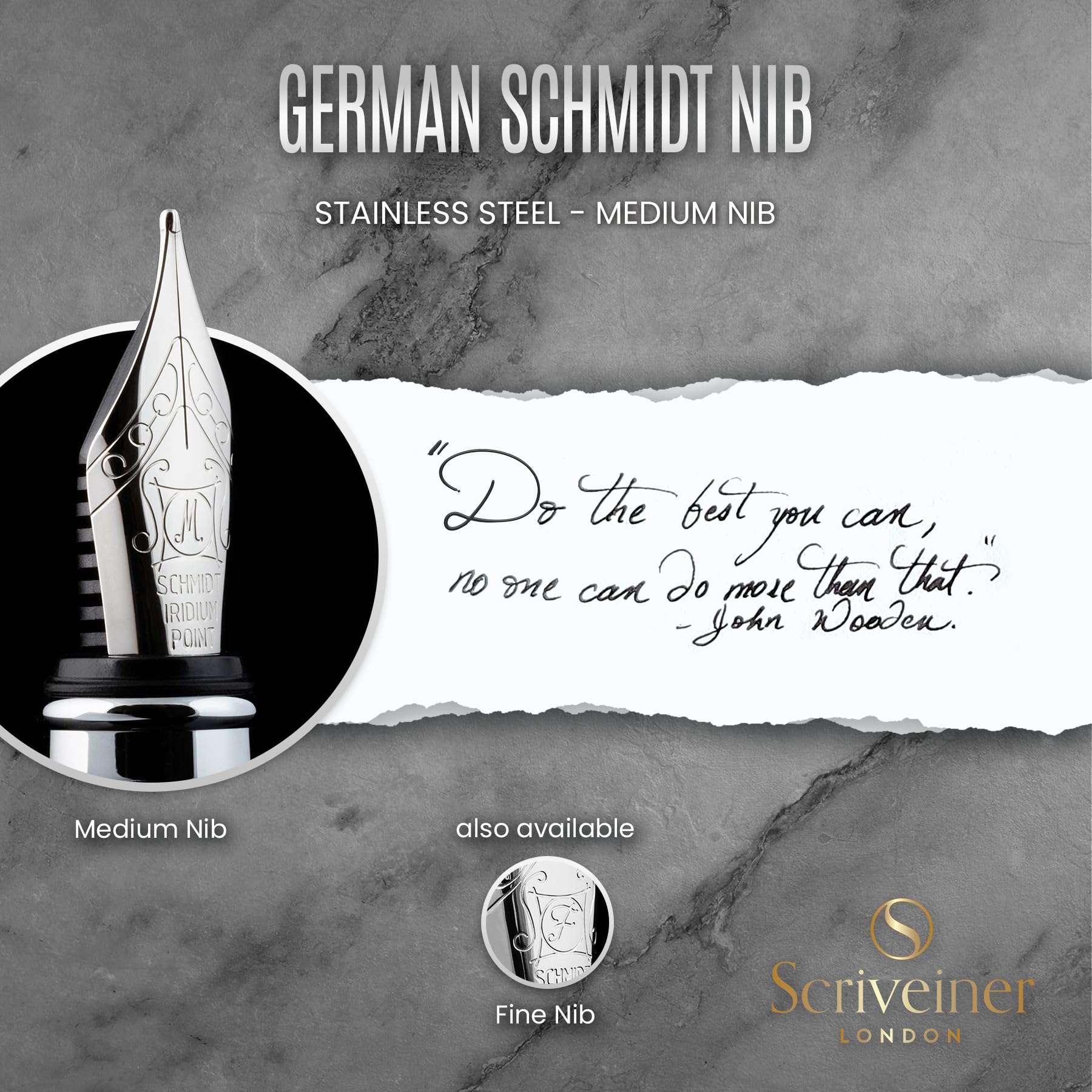 Scriveiner Stainless Steel Fountain Pen - Stunning Luxury Pen with Steel Finish, Schmidt Steel Nib