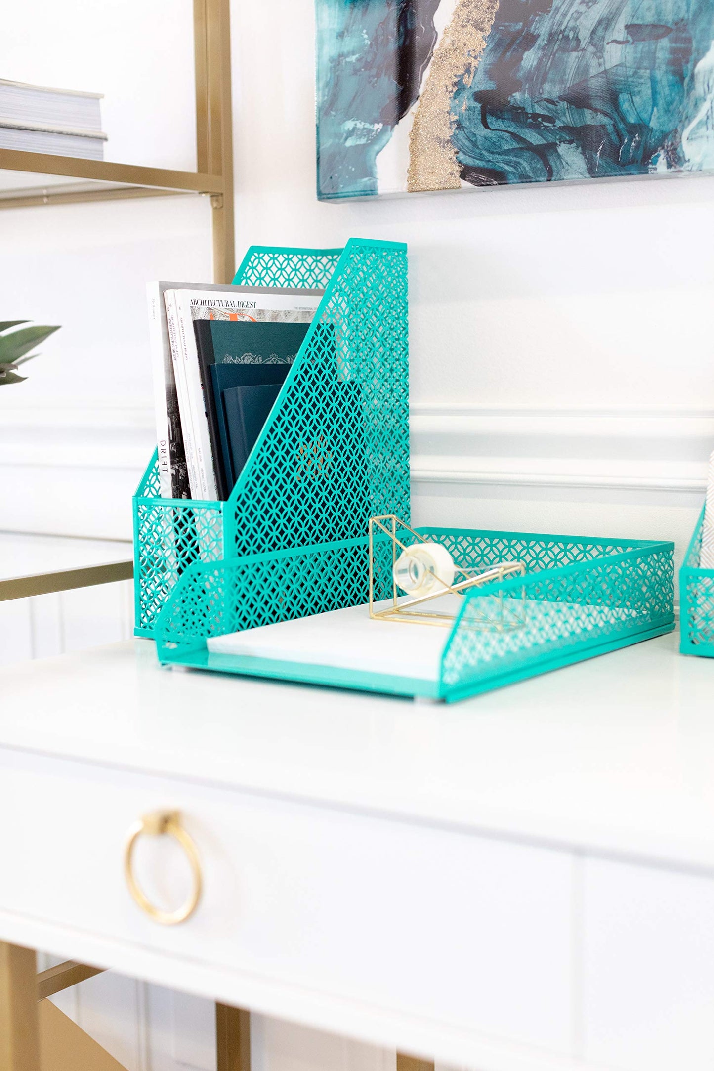 BLU MONACO | Dark Teal Desk Organizer Set | 5 Piece Metal Desk Accessories with Mail Sorter, Pen