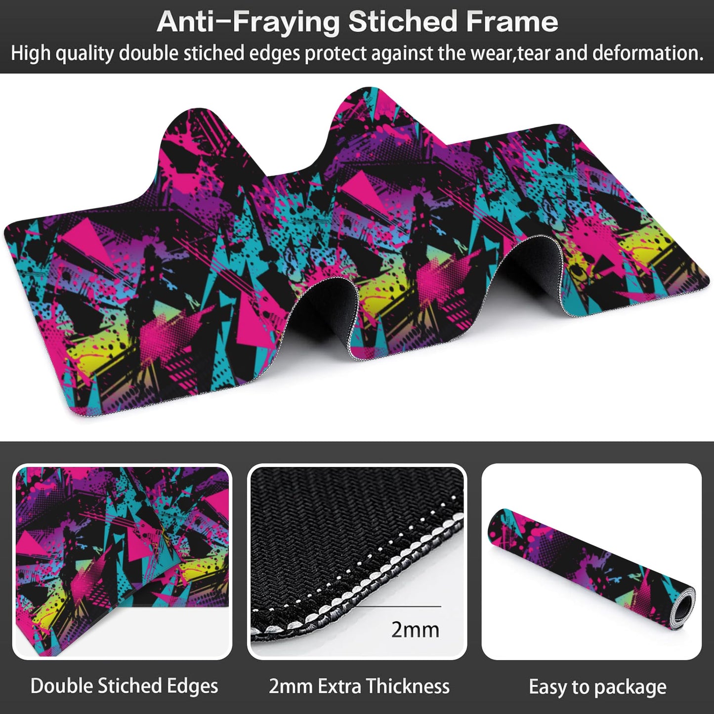 Abstract Grunge Elements Desk Mat,Large Neon Color Patterns Gaming Keyboard Mouse Pad,Non-Slip