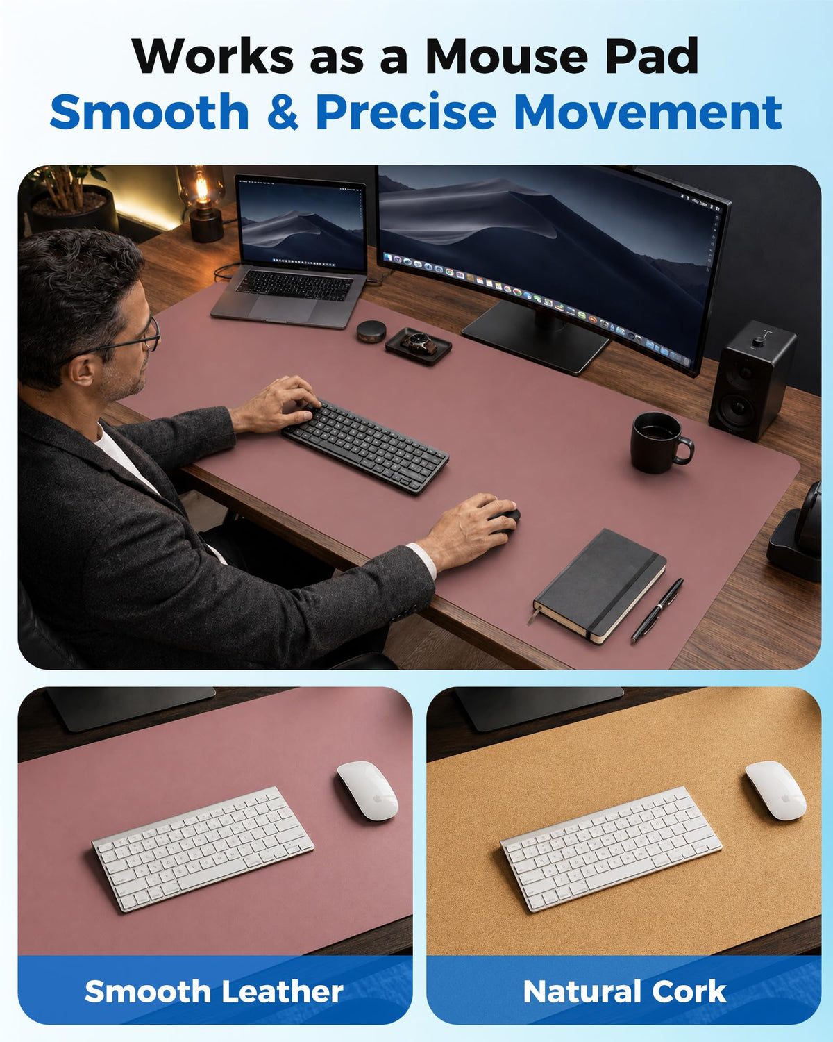 Aothia Dual-Sided Desk Mat, FSC Cork & PU Leather Desk Pad, Large Mouse Pad & Writing Surface for