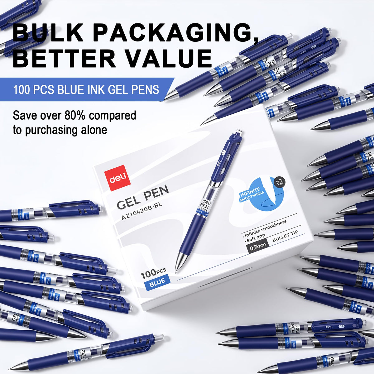 deli Gel Pens, 100 Pcs Pens Blue Ink, Retractable Medium Point Pen 0.7mm