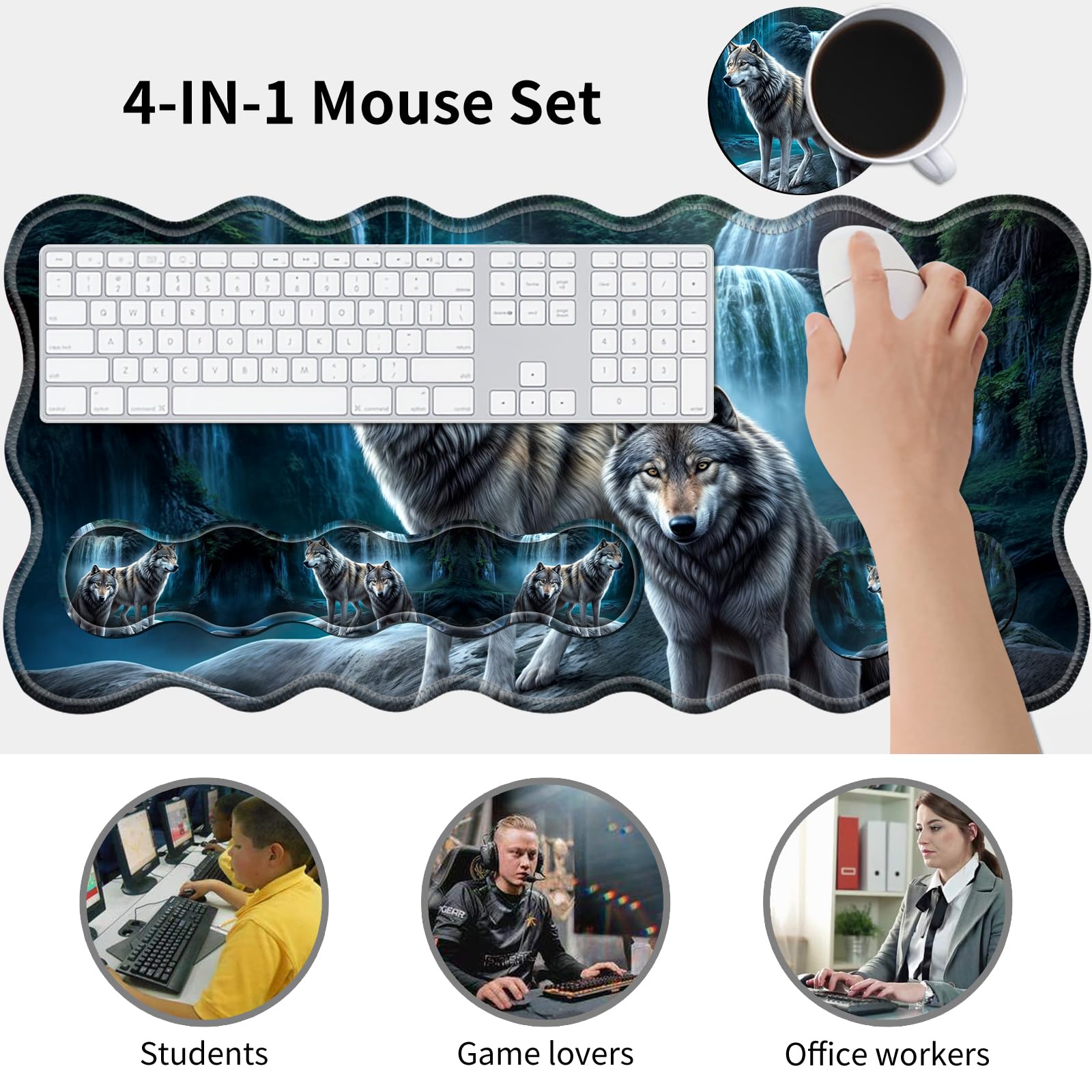 Gaming Mouse Pad Set with Wrist Support, 31.5"x11.8" Large Non-Slip Desk Mat, Ergonomic Keyboard