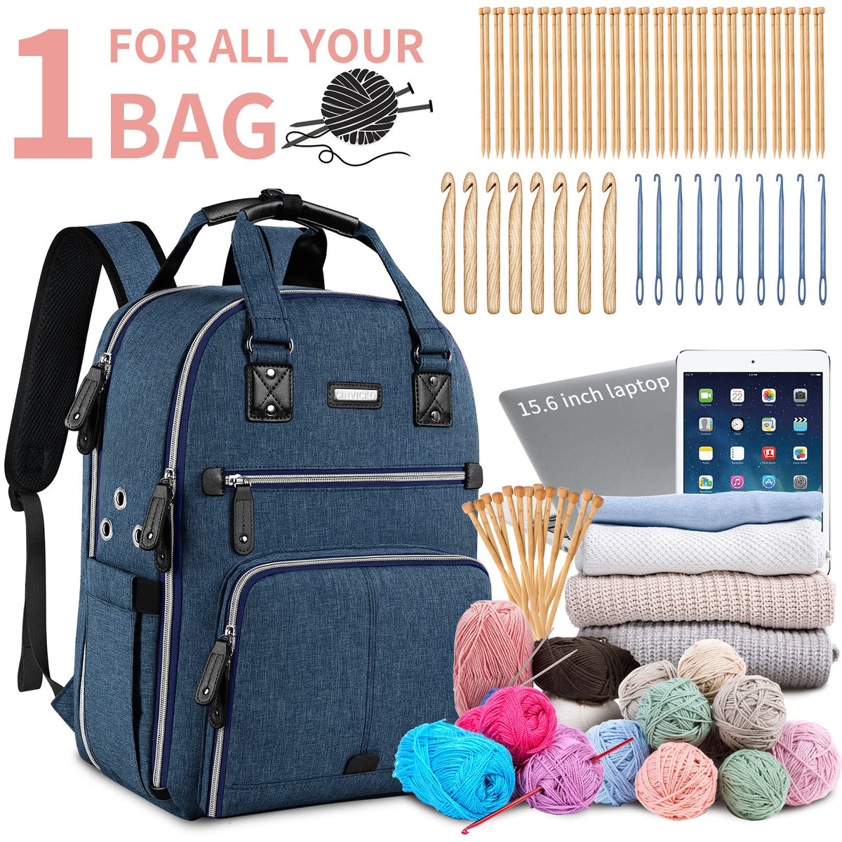 Crochet Bag, Knitting Bag Backpack and Totes Organizer with USB Charging Port, Large Yarn Storage