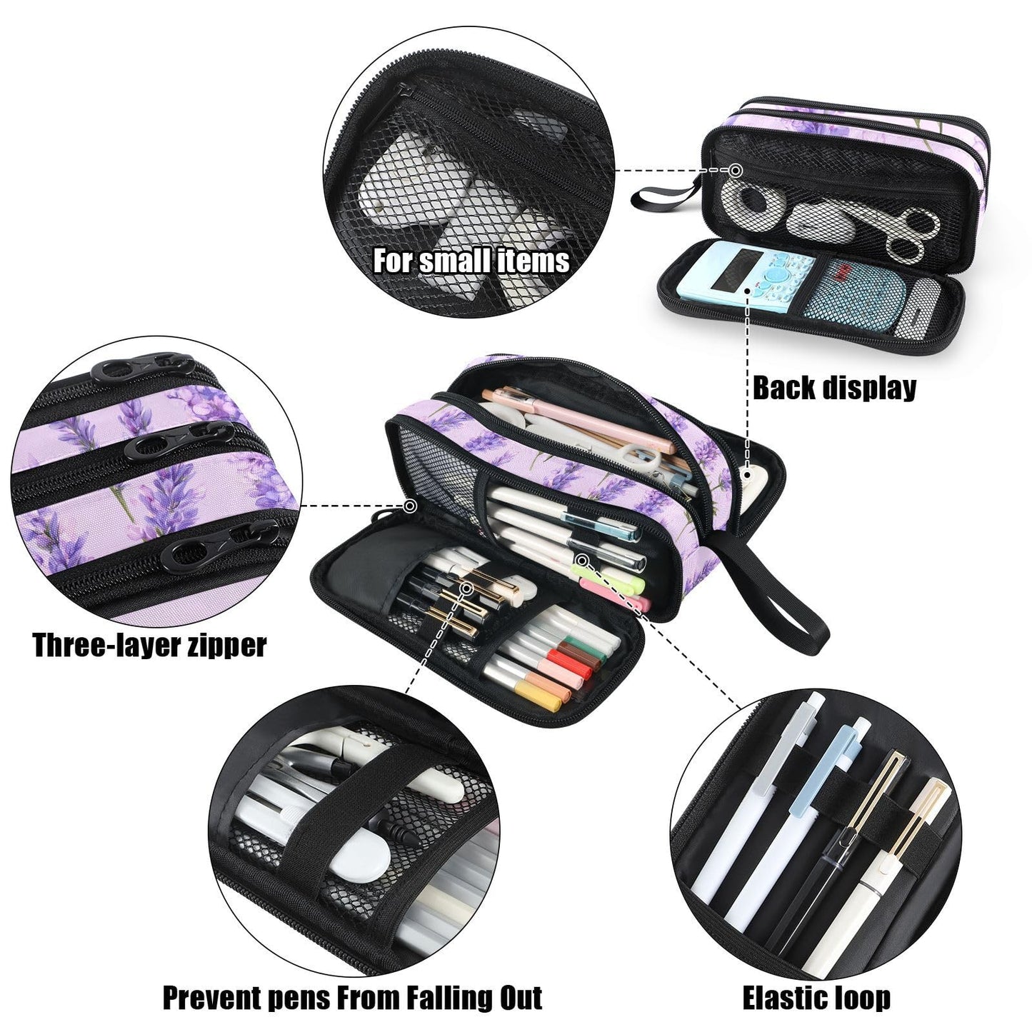 Fustylead Watercolor Vintage Lavender Flowers Pencil Pen Case with 3 Compartments, Lightweight &