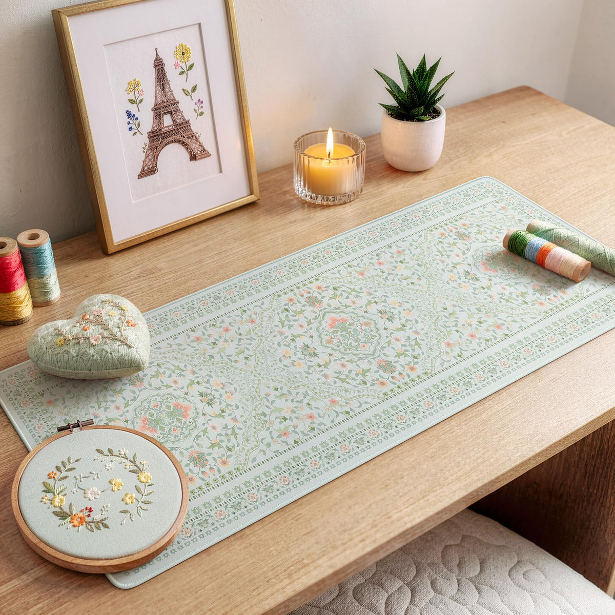 HAOCOO Light Green Floral Deskmat, 31.5" x 11.8" Mousepad for Dorm Room