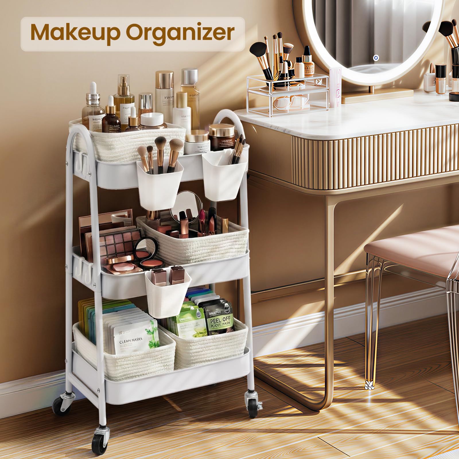 3-Tier Rolling Utility Cart with 4 Woven Baskets, Diaper Book Snack Cart, Storage Organizer for