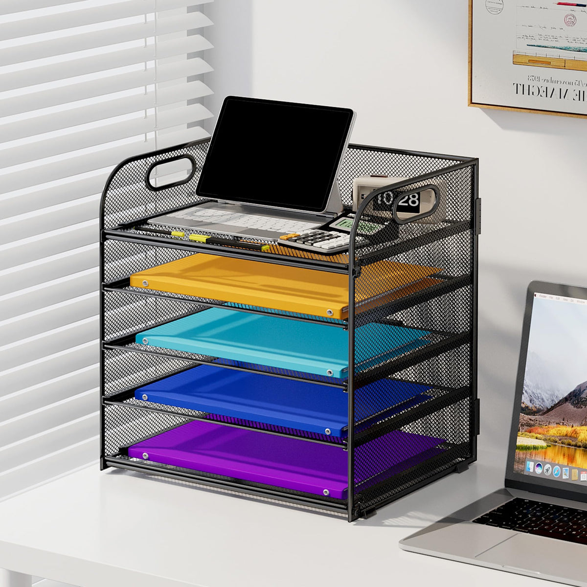 Cawukege 5 Tier Paper Organizer with Handle, Black Metal Mesh Desk Organizer File Folder Paper