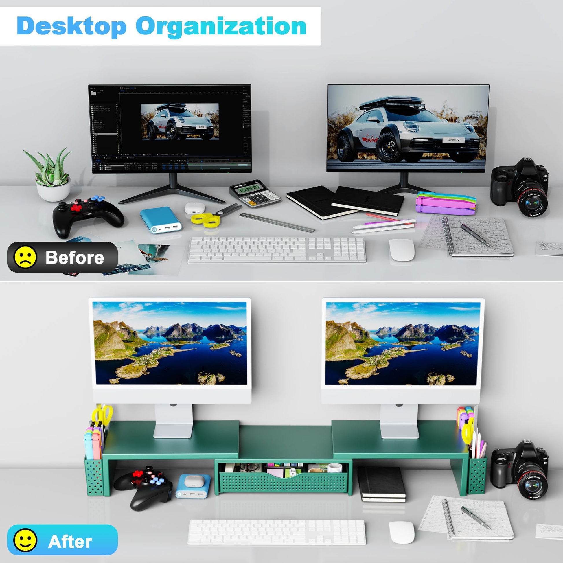 Spacrea Dual Monitor Stand Riser with Drawer and 2 Pen Holders