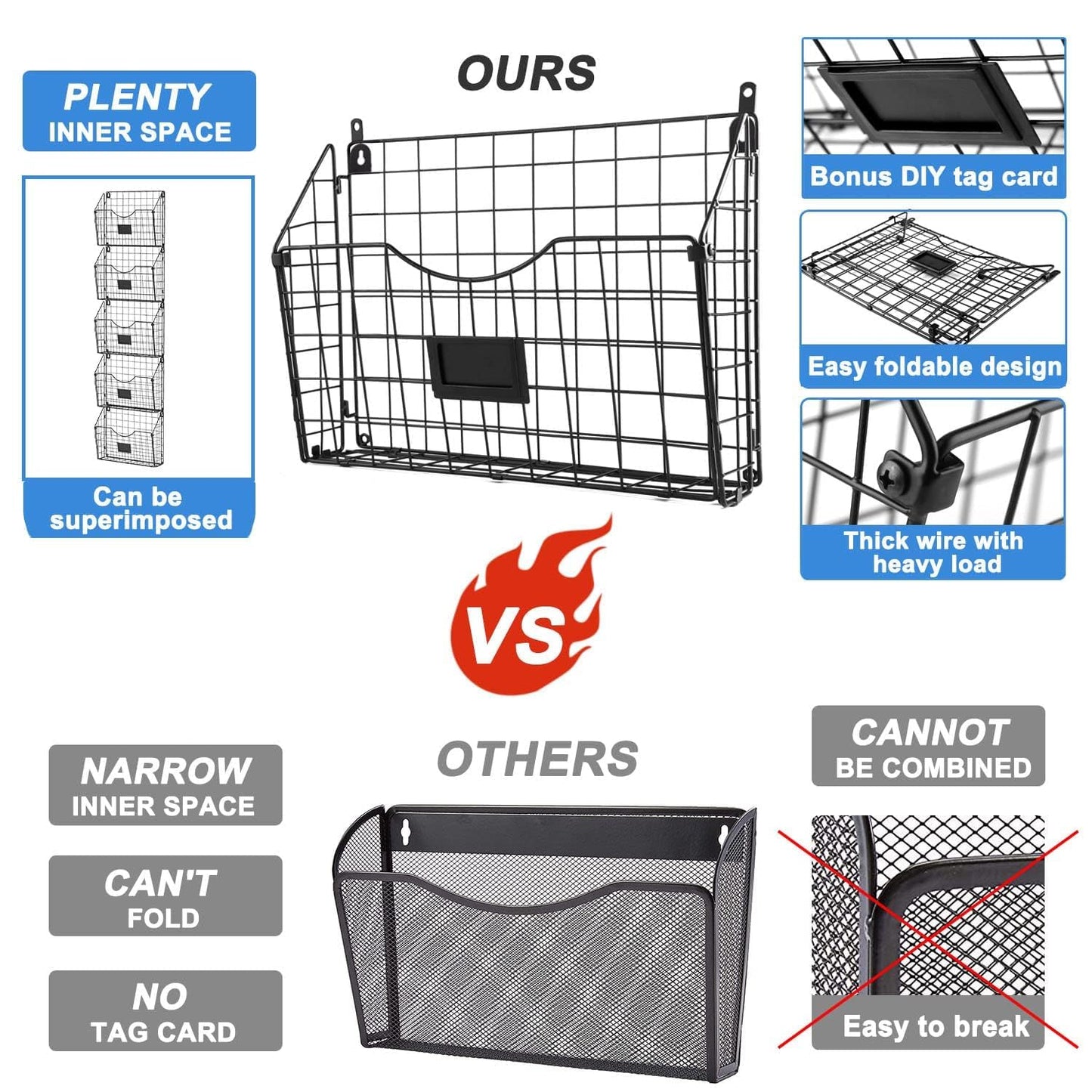 X-cosrack 5-Tier Over the Door File Organizer, Stackable Hanging Wall Files Rack with Door Hooks
