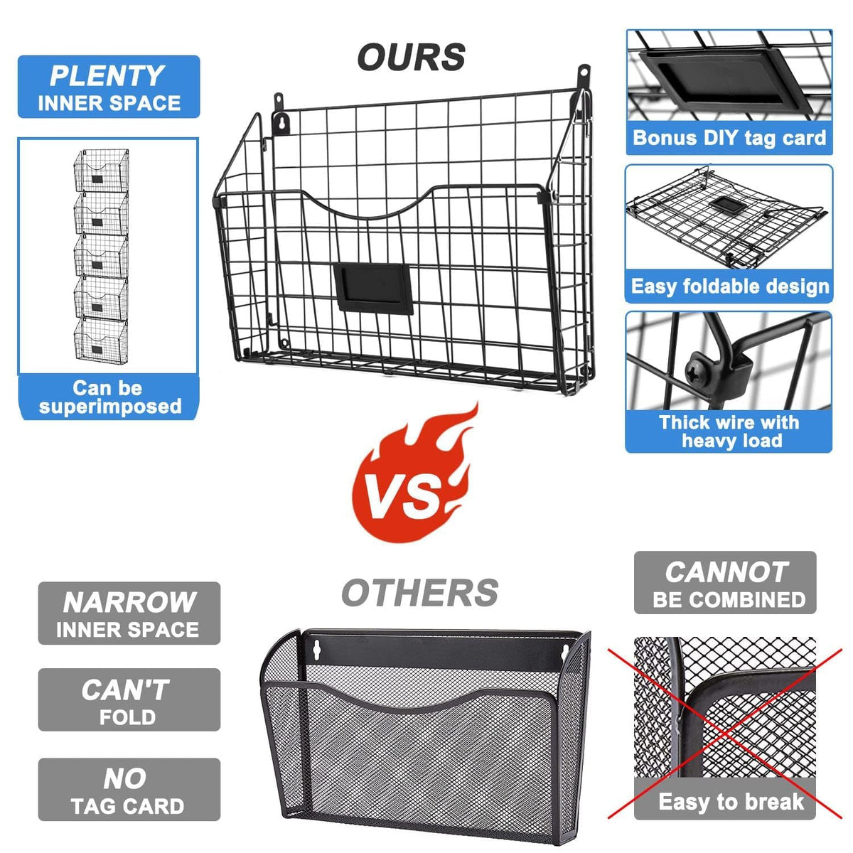 X-cosrack 5-Tier Over the Door File Organizer, Stackable Hanging Wall Files Rack with Door Hooks