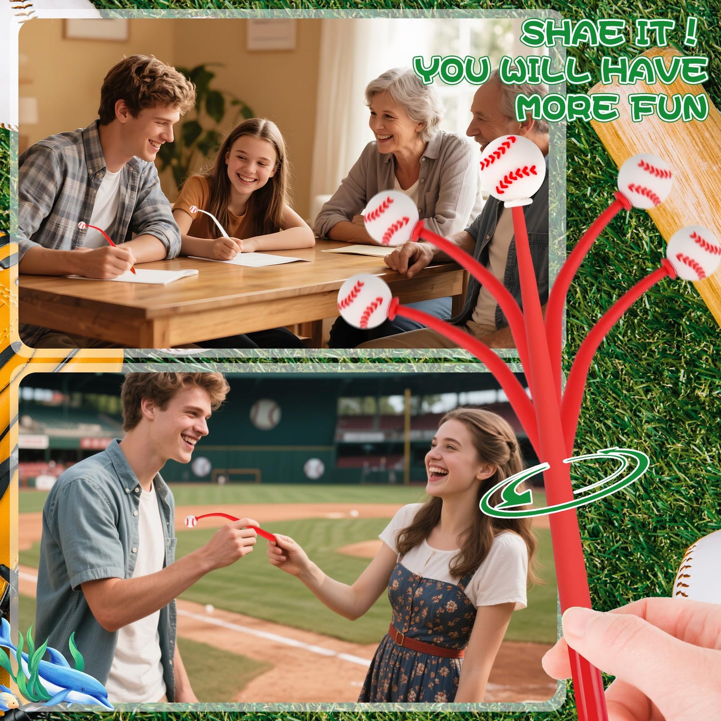 LiYiQ 50 PCS Baseball Party Favor Stress Relief Bobblehead Pens Fun Cute Pen Fidget Pens Kawaii