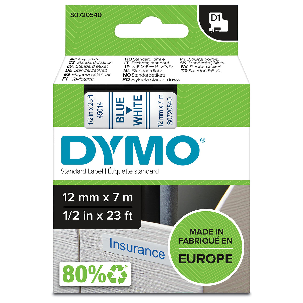 Dymo D1 Standard Labelling Tape 12mm x 7m - Blue on White