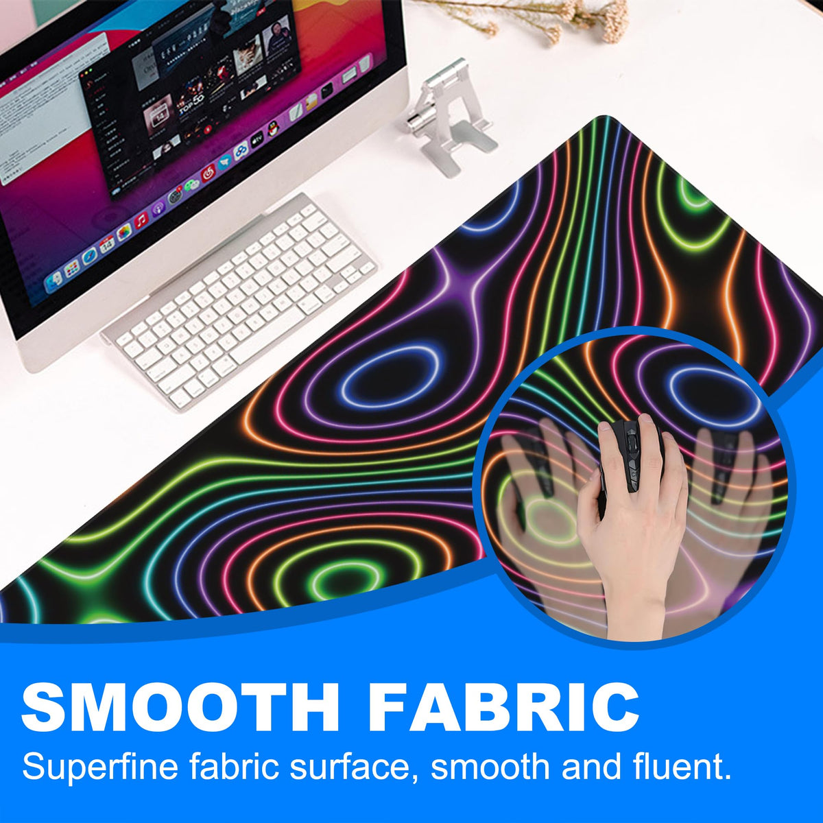 Desk Mat, Colorful Neon Topographic Contour Map Extended Gaming Mouse Pad Large, 31.5"x11.8" Big