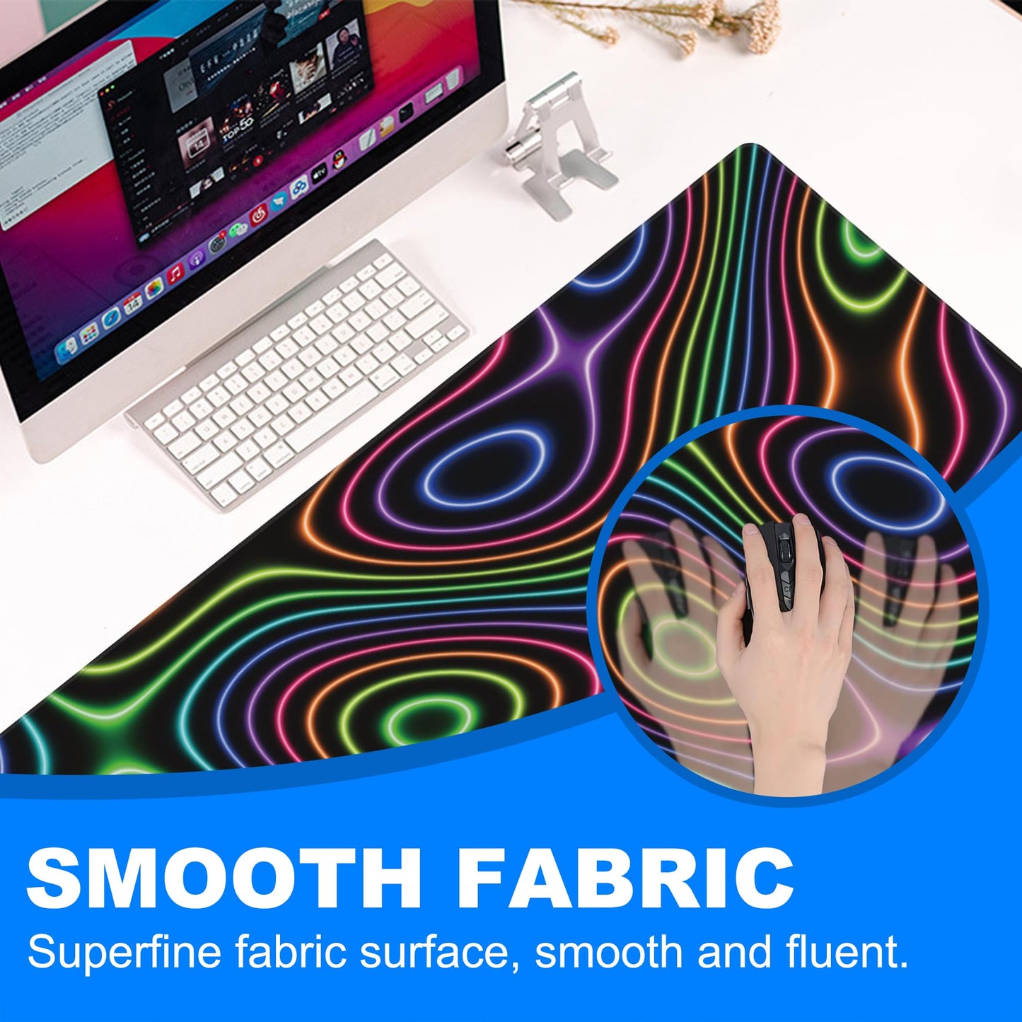 Desk Mat, Colorful Neon Topographic Contour Map Extended Gaming Mouse Pad Large, 35.4"x15.7" Big